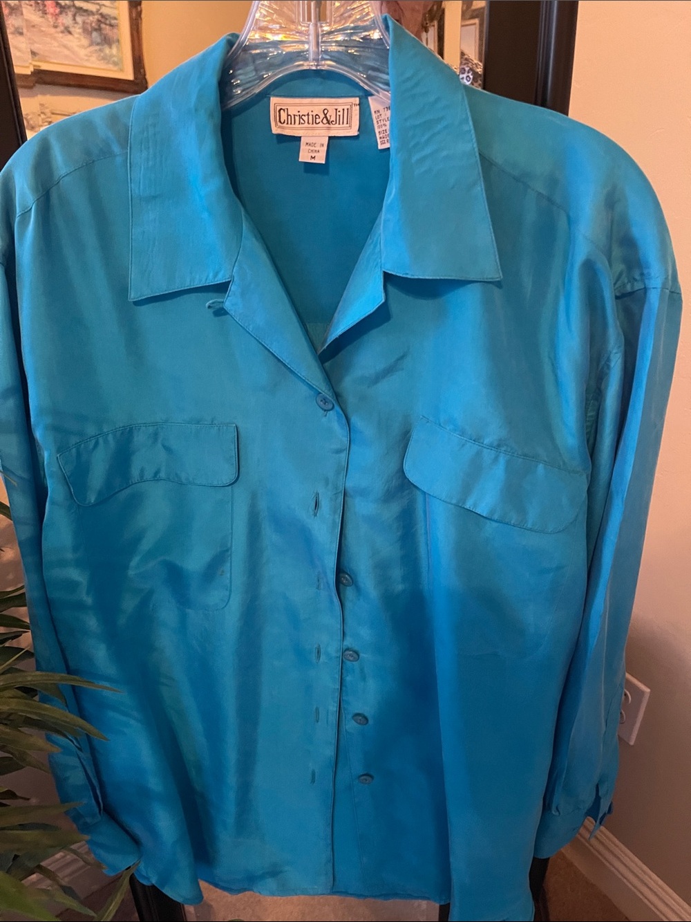 Christie & Jill Turquoise Button-Up Satin Blouse